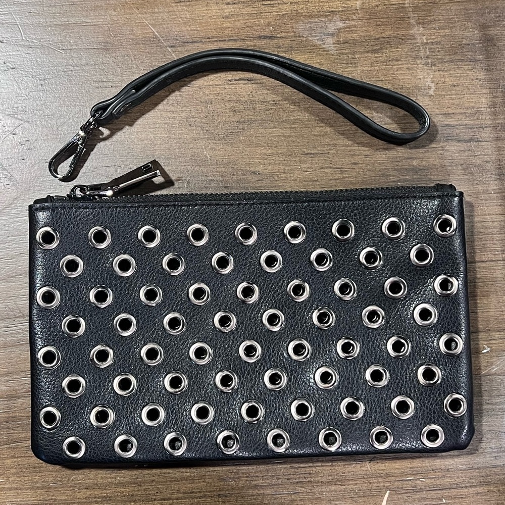 Grommeted Black Vegan Leather Wristlet